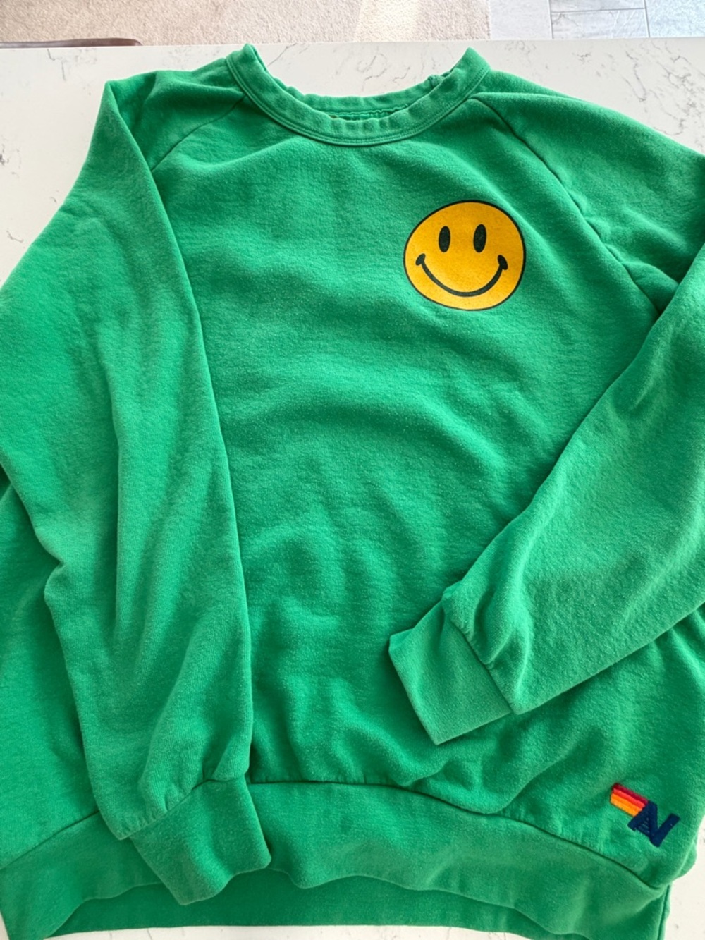 Aviator Nation Green Crewneck Sweatshirt with Yellow Smile Patch